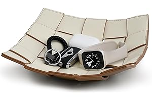 MSJGA Valet Tray PU Leather Key Bowl for Men Entryway Table Nightstand Catchall EDC Dump Tray for Wallet, Keys, Jewelry Men's Gift - Coffee & White, 9.8" L x 9.8" W x 2" H