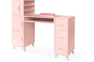 OmySalon Manicure Table Nail Desk for Nail Tech w/Glass Top & Wrist Rest, Beauty Salon Nail Supplies Decor Workstation Acetone Resistant w/3 Side Cabinet+3 Drawers+3 Layers Open Cabinet+1 Open Drawer