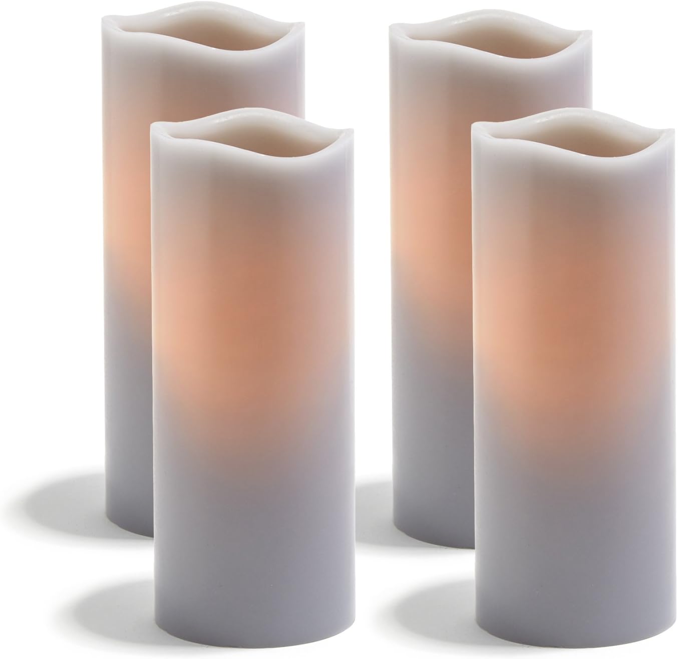 Large Flameless Pillar Candles, Set of 4, Grey Wax Candle with Melted Edge, 3 x 8 - Batteries Included