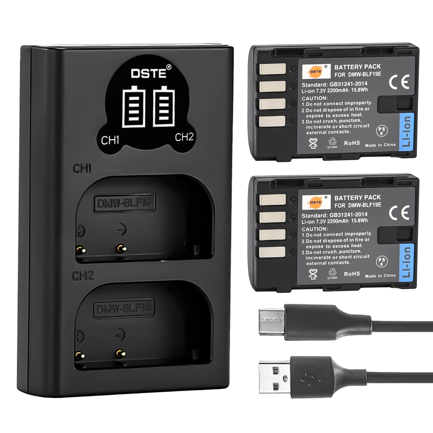 DSTE DMW-BLF19E DMW-BLF19PP Rechargerable Battery (2-Pack) and Smart LED Dual USB Charger Compatible with Panasonic Lumix DMC-GH3 DMC-GH3A DMC-GH3GK DMC-GH3H DC-G9GK-K
