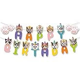 BIEUFBJI Cat Themed Birthday Banner - Cat Face and Paw Print Happy Birthday Decor, for Boys, Girls, Kids, Adults and Pets