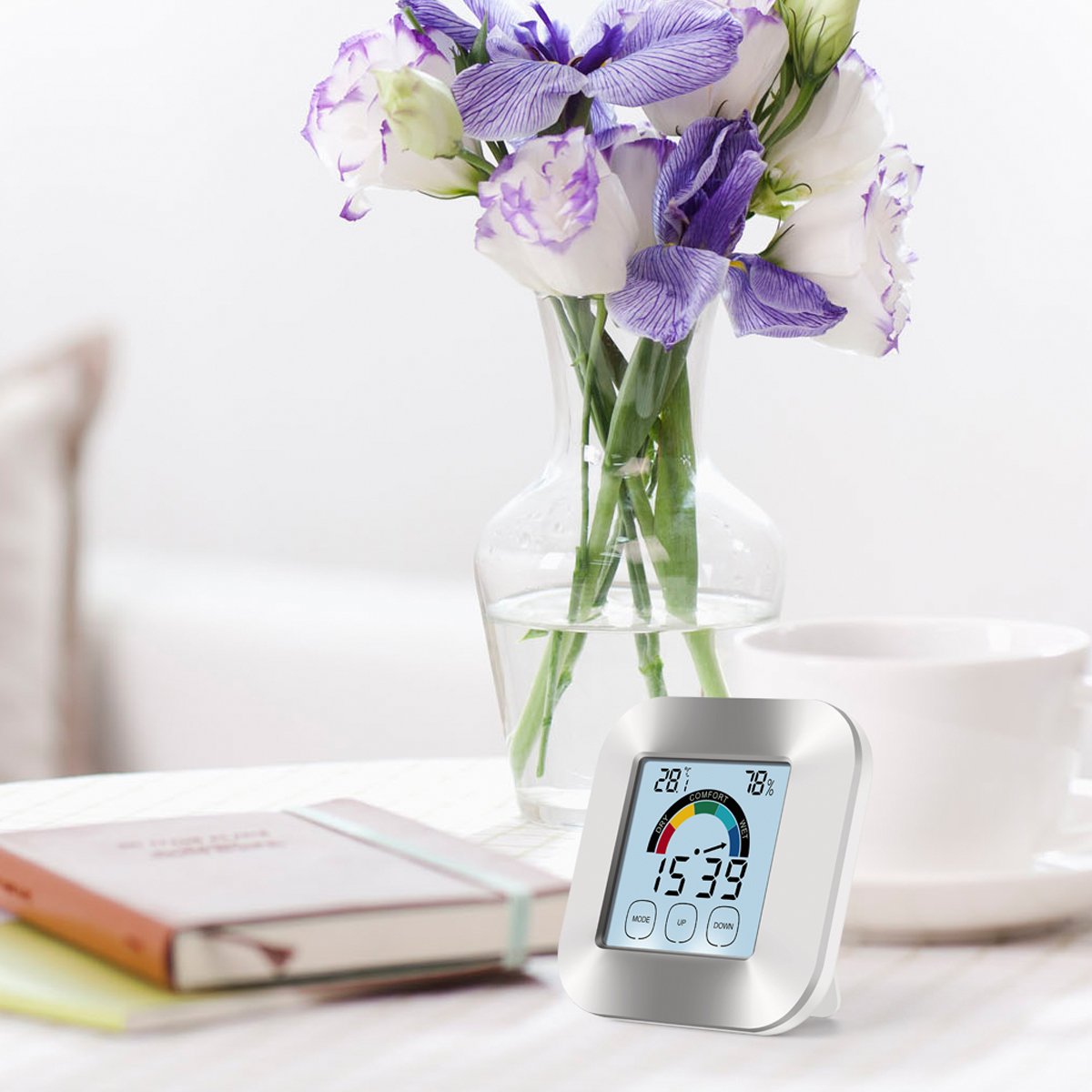 Indoor Hygrometer Thermometer,Digital Humidity Monitor with Temperature Gauge & Touch Screen Backlight Timer Electronic Alarm,Multifunctional Weather Station Monitor Sensor Room Thermometer for Home