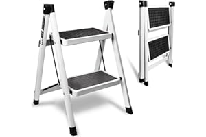 Ufriandz Folding 2 Step Ladder for Adults, Lightweight Foldable Step Stool for Closet Women Decorative Kitchen Office Bedroom Painting, Steel Sturdy Anti-Slip Wide Pedals, 300lbs Capacity, White