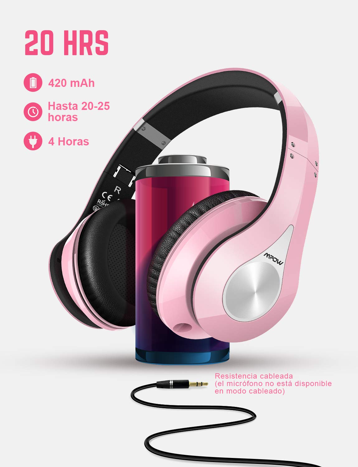 Móviles Cascos Bluetooth Inalambricos Plegable con Micrófono Rosa