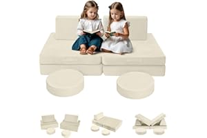 MeMoreCool Modular Kids Play Couch, Beige Foam Sofa and Fort Explorer Building Set for Toddlers and Playroom