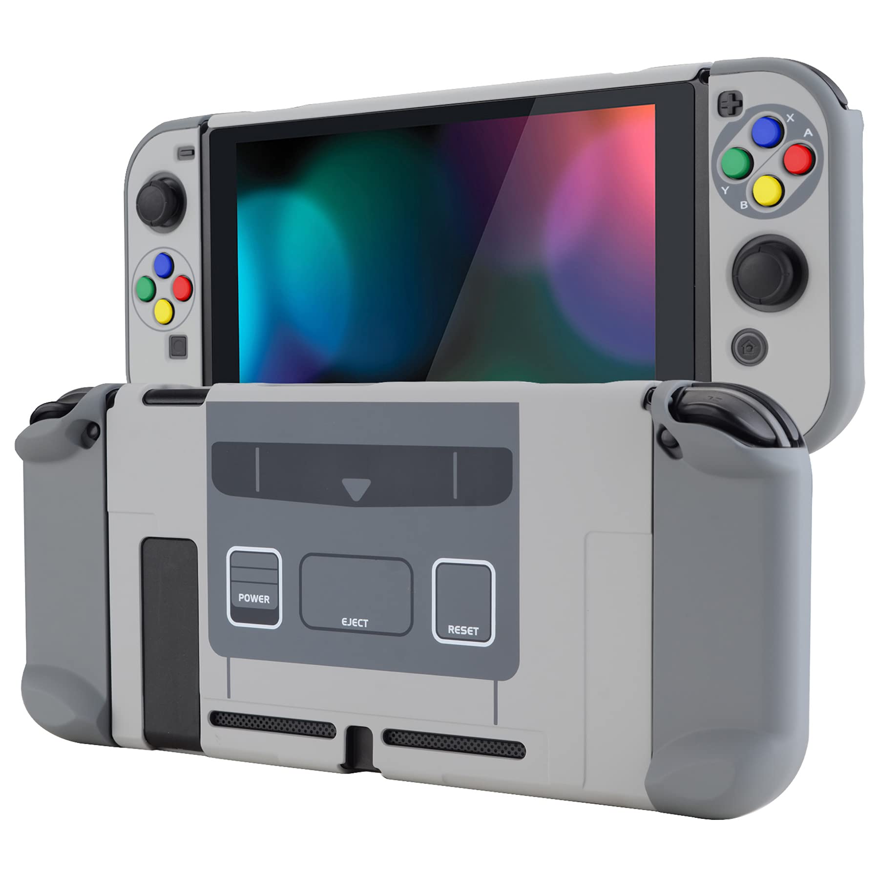eXtremeRate PlayVital Back Cover for Nintendo Switch, NS Joycon Handheld Controller Protector Hard Shell, Dockable Protective Case with Colorful ABXY Direction Button Caps - SFC SNES Classic EU Style