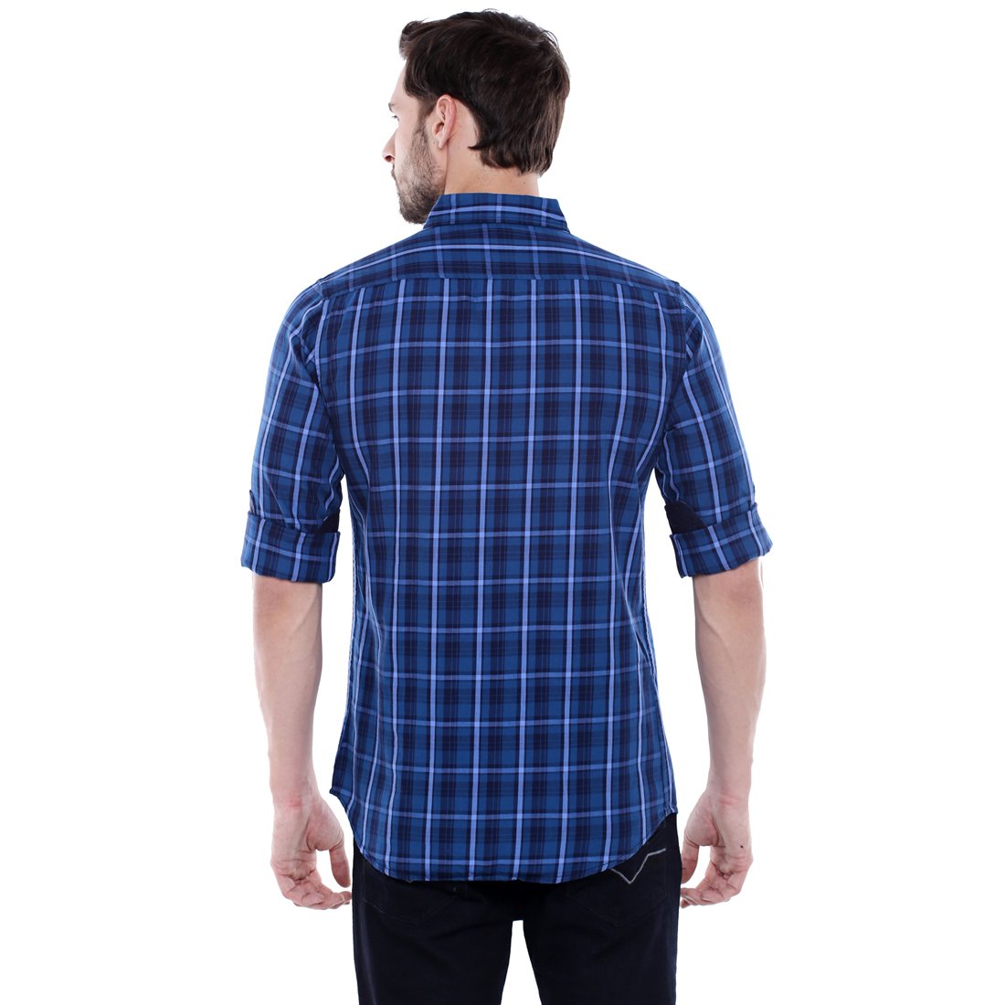 dennis lingo men's checkered blue slim fit casual shirt