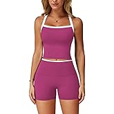 PQBPQB Women 2 Piece Workout Sets Padded Criss Cross Back Crop Tank High Waist Tummy Control Shorts Yoga Outfits