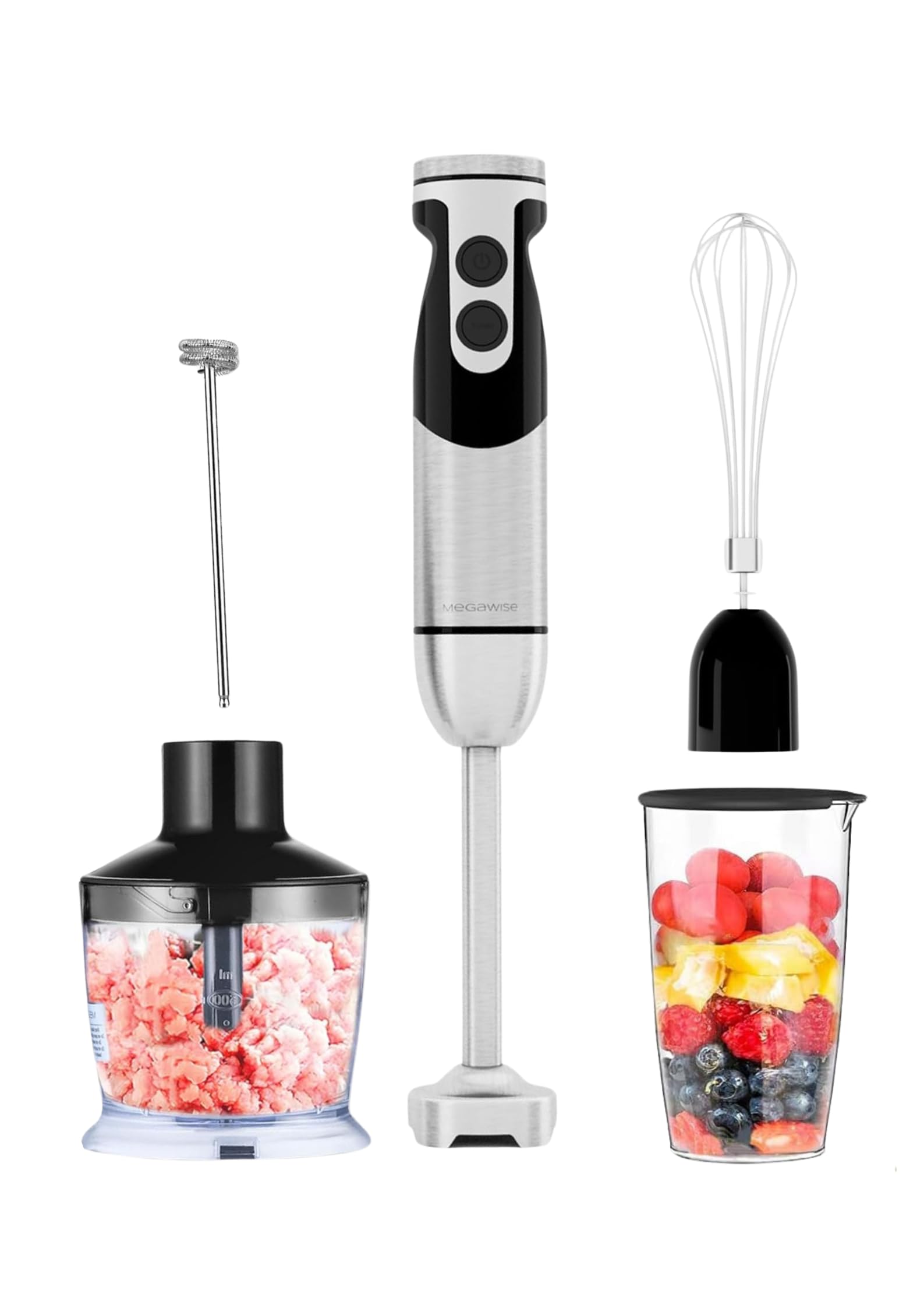 Photo 1 of MegaWise Pro Titanium Reinforced 5-in-1 Immersion Hand Blender, Powerful 400W with 80% Sharper Blades, 12-Speed Corded Blender, Including 500ml Chopper, 600ml Beaker, Whisk and Milk Frother (Black)