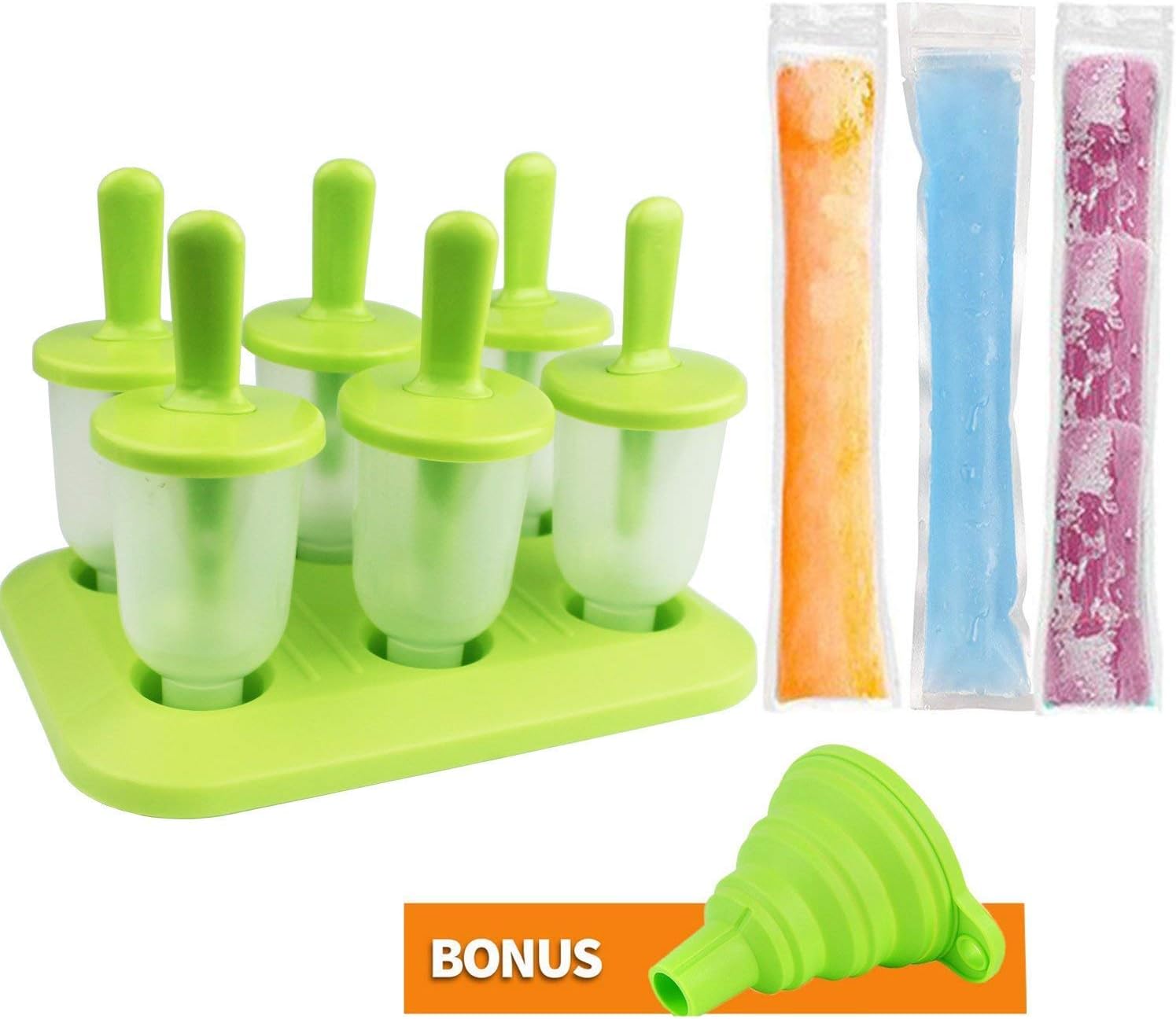 Ice Cream Pop Molds Set and 40 Pack Disposable Ice Pop Pouches with 1 Free Collapsible Funnel
