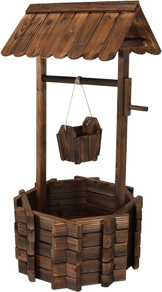 Sunnydaze Outdoor Wooden Wishing Well Garden Planter with Hanging Flower Bucket, 45 Inch