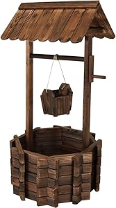 Sunnydaze Outdoor Wooden Wishing Well Garden Planter with Hanging Flower Bucket, 45 Inch