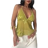 SHENHE Women's Y2k Floral Sequin Halter Top Low Cut Backless Sheer Chiffon Ruffle Flowy Tank
