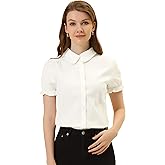 Allegra K Women's Short Sleeve Button-Up Peter Pan Collar Blouse