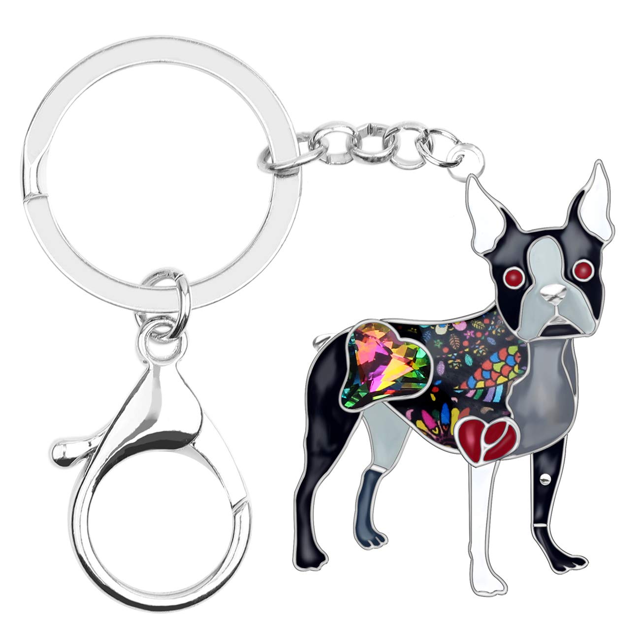 WEVENI Enamel Alloy Crystal Boston Terrier Dog Keychain Bag Car Wallet Charms For Women Girls Gift (Black)