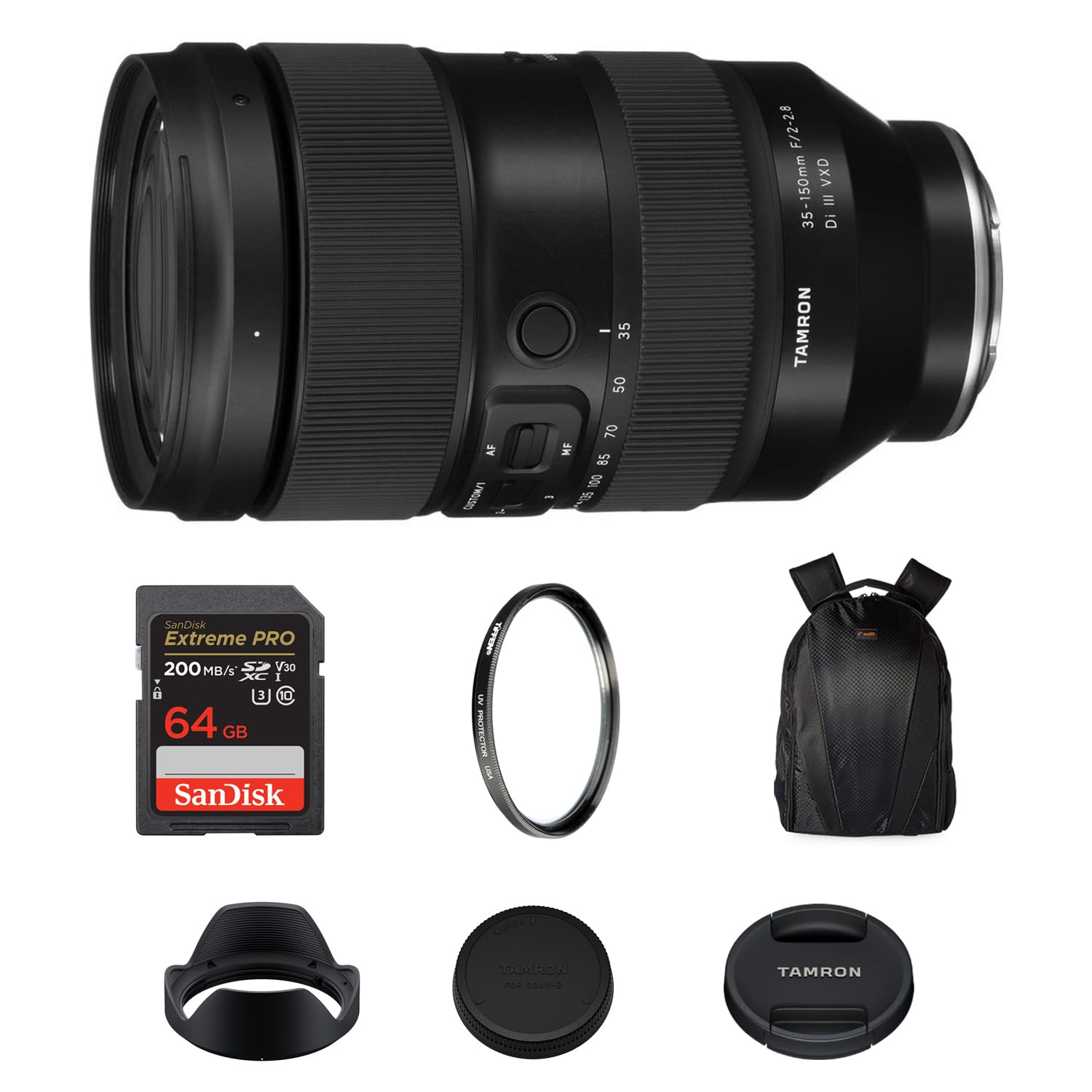 Tamron 35-150mm f/2-2.8 Di III VXD Lens (Sony E) with Fast All-in-One Zoom Range, 64GB Extreme PRO SDXC Memory Card with 200MB/s Read Speed, Tiffen 82mm UV Filter & Camera Backpack Bundle Kit