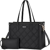 MOSISO Laptop Tote Bag for Women, 15.6 inch PU Leather Rhombus Quilted Work Bag with Cup Holder & Clutch Purse, Large Capacity Teacher Computer Briefcase for Business Office, Black