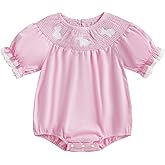 Nokpsedcb Baby Girl Easter Outfit Cute Puff Sleeve Bunny Bubble Smocked Romper Bodysuit Infant Spring Clothes