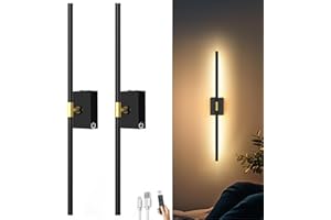 ITHIRD Battery Operated Wall Sconces Set of 2: 10000mAh Rechargeable Wall Lights with Remote Control, 360° Rotate Wireless Wall Scone Decor for TV/Mirror Bedroom Living Room, 31.5 Inch, Black