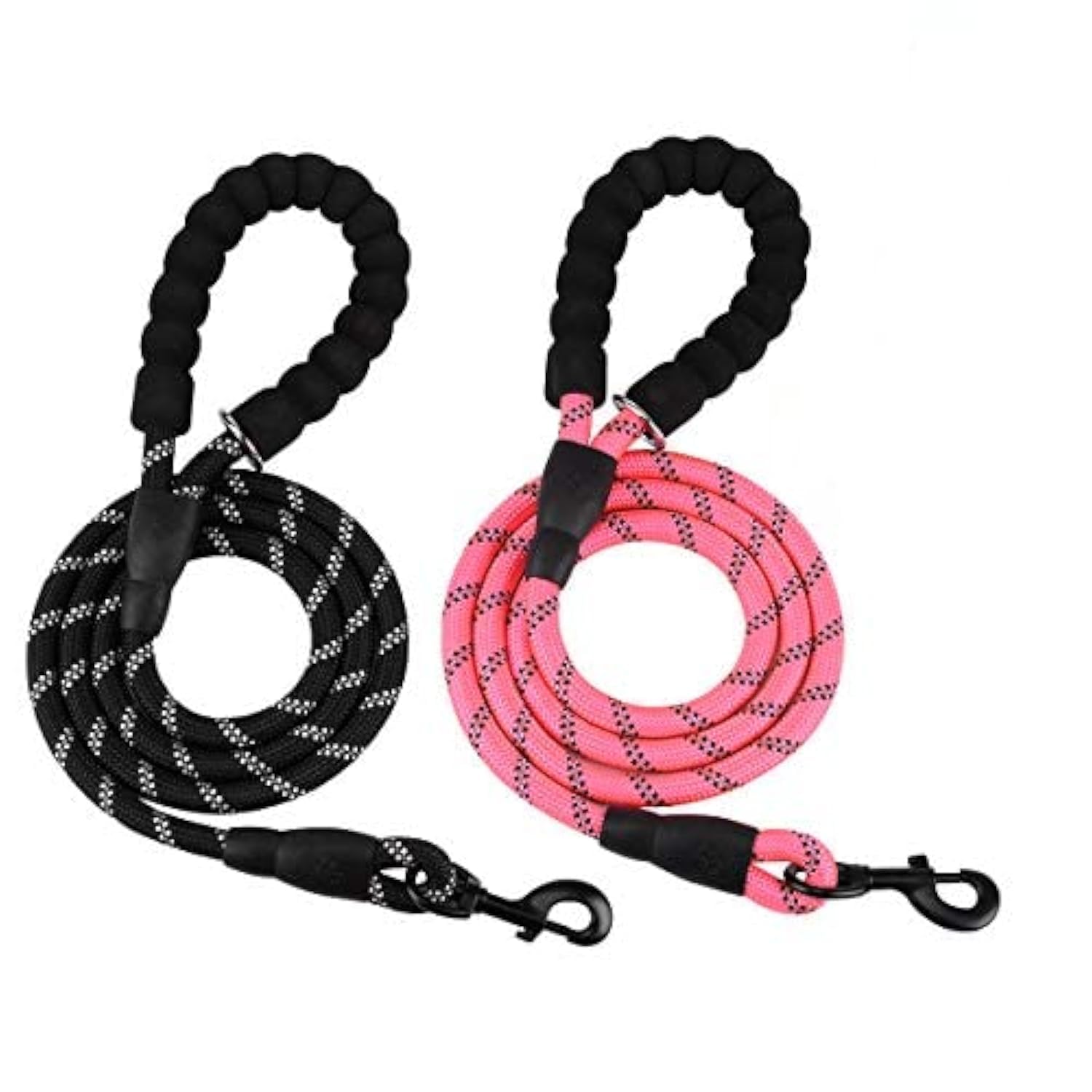 2 Pack Dog Leash 5 FT Heavy Duty Nylon Rope Dog Leash with Comfortable Padded Handle Sturdy Reflective Threads Strong Dog Leash for Medium Large Dogs (Black + Pink)
