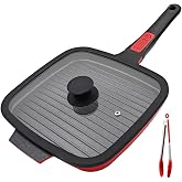 RANX INGST Nonstick Grill Pan for Stove Tops with Lid 10 inch - Red | Square Griddle Pan with Detachable Handle for Indoor Cooking