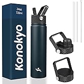 Konokyo Insulated Water Bottle 24oz Stainless Steel Sport Bottles with 3 Lids,Navy Blue