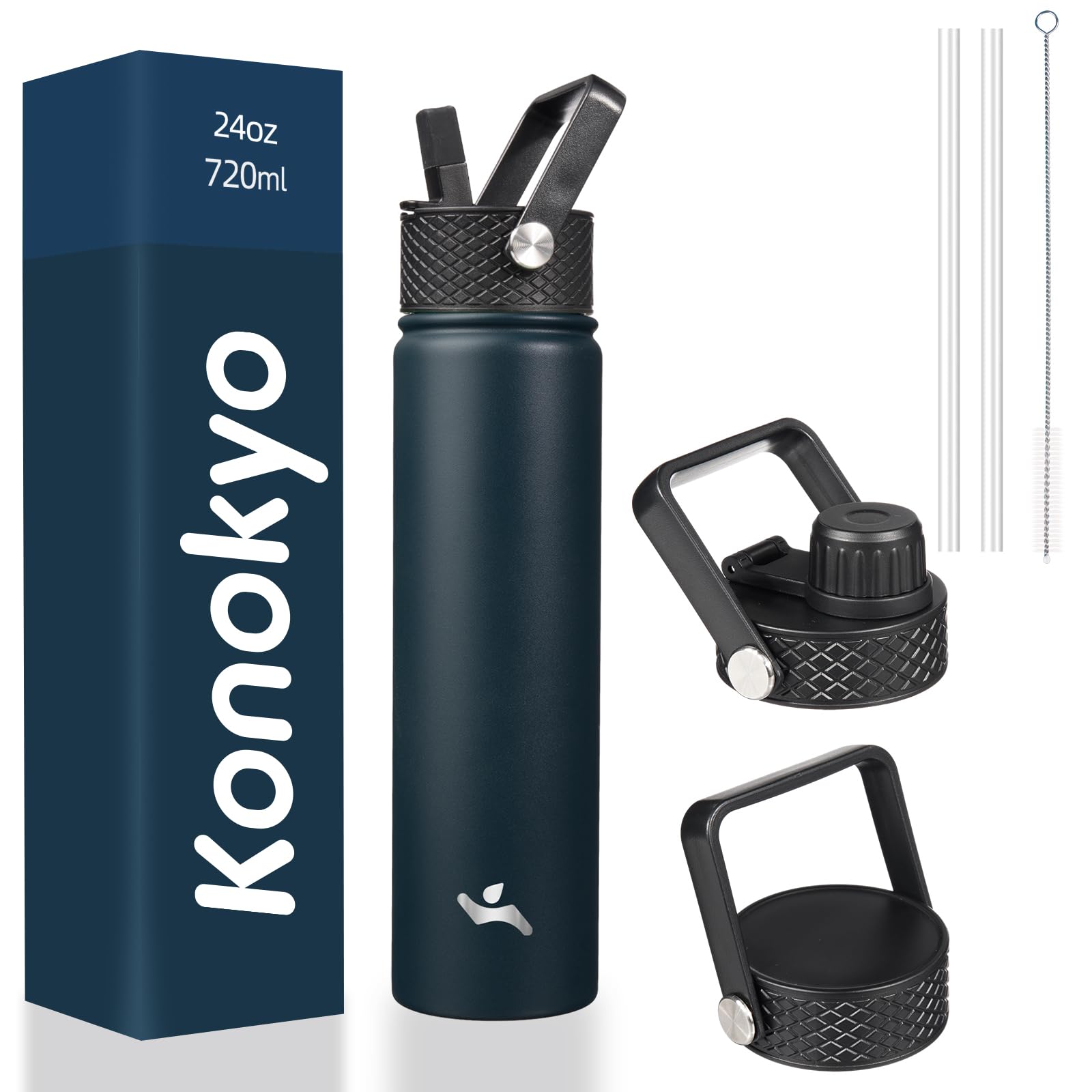 Photo 1 of Konokyo Insulated Water Bottle 24oz Stainless Steel Sport Bottles with 3 Lids,Navy Blue