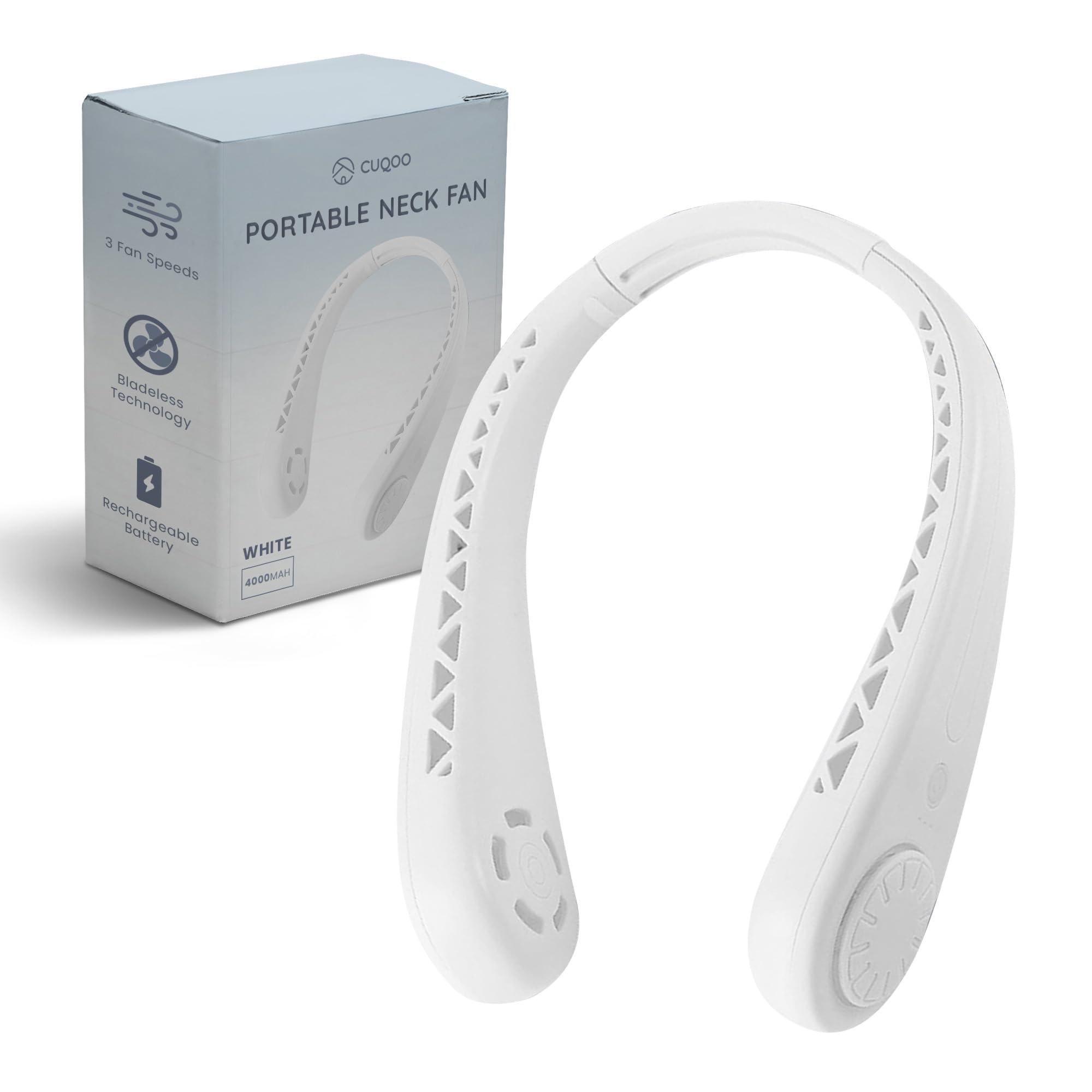 CUQOO Neck Fan Rechargeable – Personal Wearable Fan with 360° Airflow, 3 Speed Settings, Bladeless, Quiet & Portable Cooling for Men & Women – Ideal for Travel, Sports, Gym, Indoor & Outdoor Use