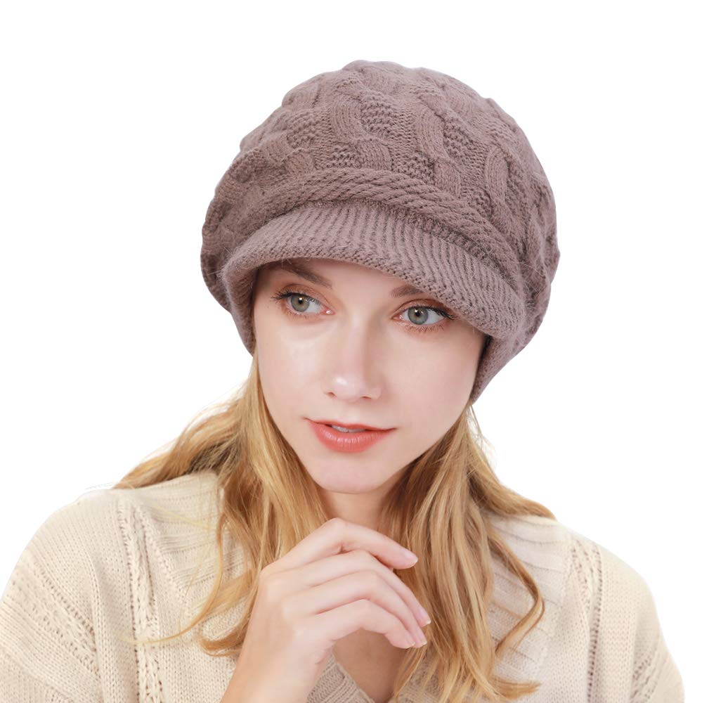 ToVii Womens Winter Hat Beanie Hat with Brim Knitted Newsboy Cap Cable Knit Slouchy Hat Khaki