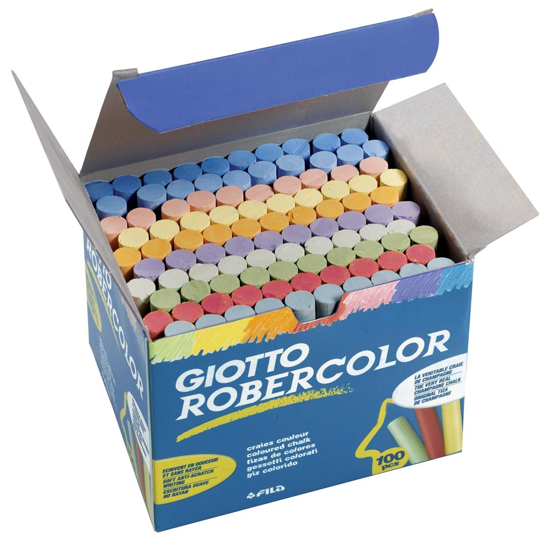 GIOTTO Robercolor Colour Chalk, 100 Assorted Colours x Round Chalk Pack, Dustless & Super Washable, For Children, Parties and Schools