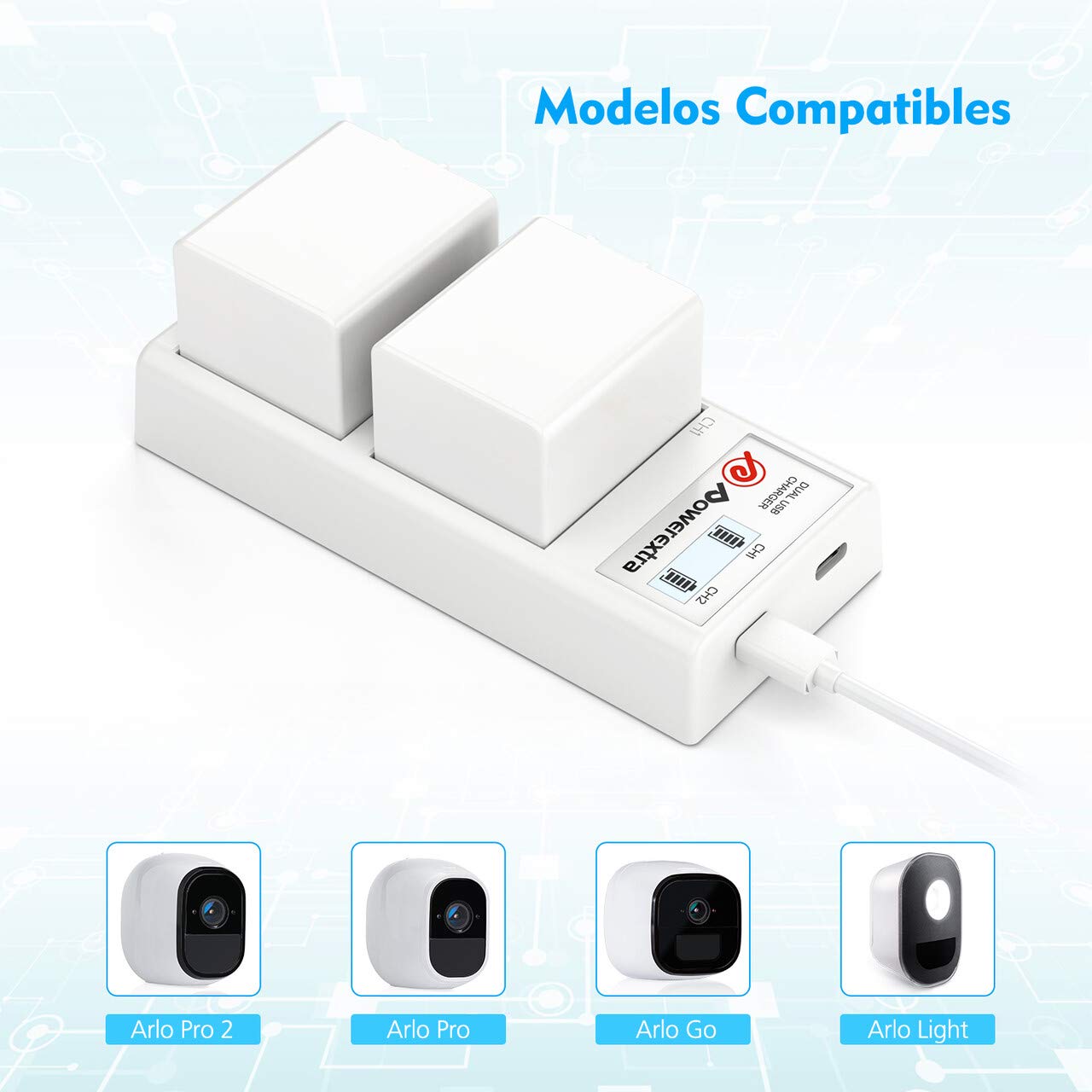 Powerextra Estación de Cargador de Batería Arlo, Cargador de Batería Dual con Adaptador para Arlo Pro, Arlo Pro 2, Arlo GO Cámara de Seguridad Arlo Light