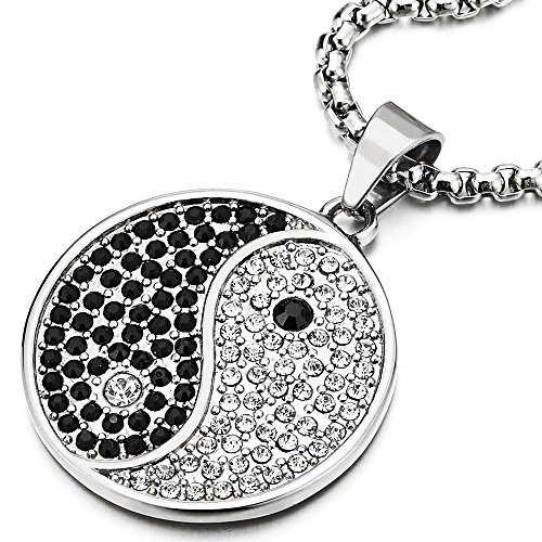 COOLSTEELANDBEYONDMens Women Stainless Steel Black White Cubic Zirconia Yin Yang Pendant Necklace, 30 inch Wheat Chain