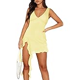 MIYIEONZ Women Sleeveless Sexy V Neck Bodycon Mini Dress Summer Side Slit Mesh Irregular Ruffle Hem Backless Short Dress