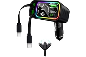 PDMAX Retractable Car Charger USB C,145W Type C Car Charger Fast Charging with Dual Retractable USB C Cable and USB Ports, Co