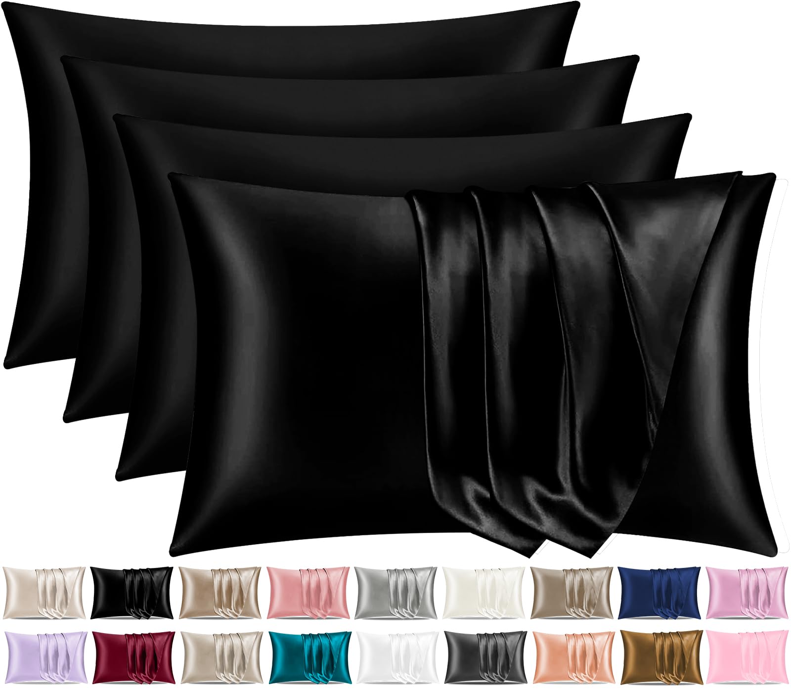 Pamposh Satin Silk Pillowcases For Hair And Skin 4 Pack Standard Size with Envelope Closure (4 Pcs Pillowcases (50 x 75 cm), Black)