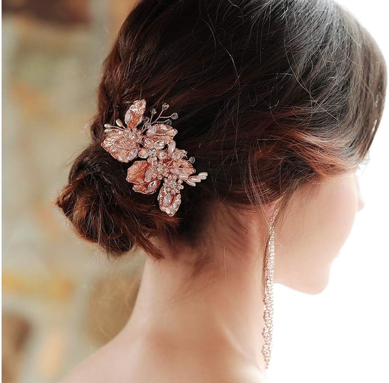 FIDDY898 Rose Gold Alloy Flower Hair Comb Rhinestones Bridal Hair Comb Delicate Wedding Hair Headwear