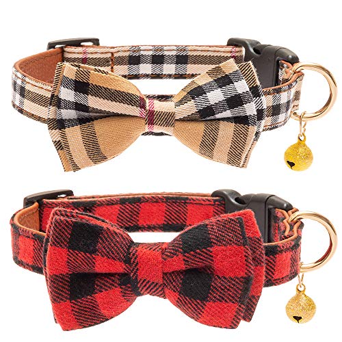 CHERPET Plaid Dog Collar with Bell – Bow Tie Cute Safety Collars Adjustable Soft Lightweight Comfortable Collars for Puppies/Small Dogs,2 pcs/Set