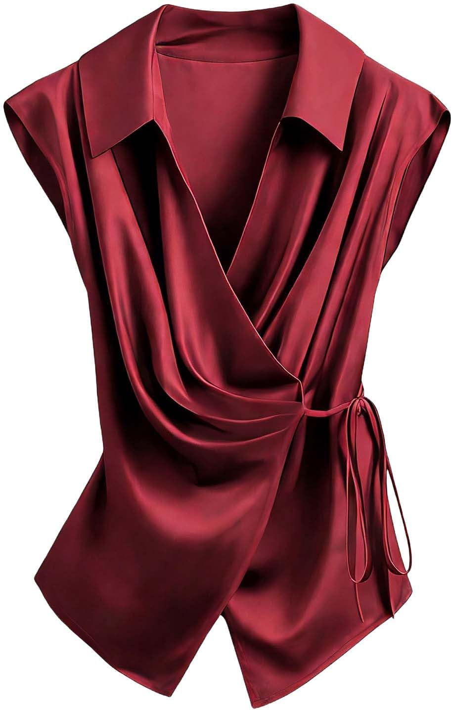 Womens V Neck Satin Blouse Wrap Tie Side Sleeveless Shirt Spring Summer Elegant Business Casual Tops 2026