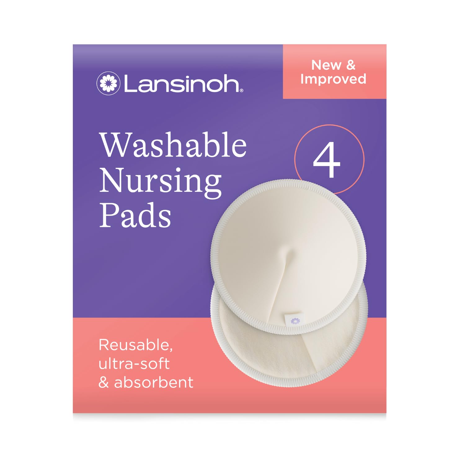 Lansinoh Reusable Breast Pads Maternity - 4 Pack - Ultra-Soft & Absorbent - Machine Washable Organic Bamboo Nursing Pads - Includes Washbag - Breast Feeding Essentials