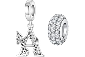 PANPOKI 2 Pack 925 Sterling Silver Butterfly Letter Charms for Bracelets and Necklace Alphabet Initial Dangle Pendants Round Spacer Beads Pave Cubic Zirconia Jewelry Gift for Women