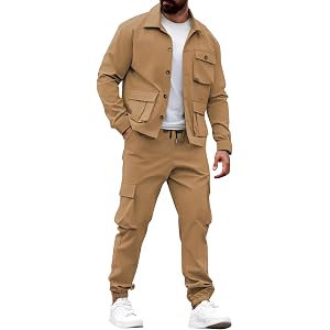 Vividcrate Trend Men's Cargo Jacket Track suit 2 Pieces Set Long Sleeve Button Up Outfits