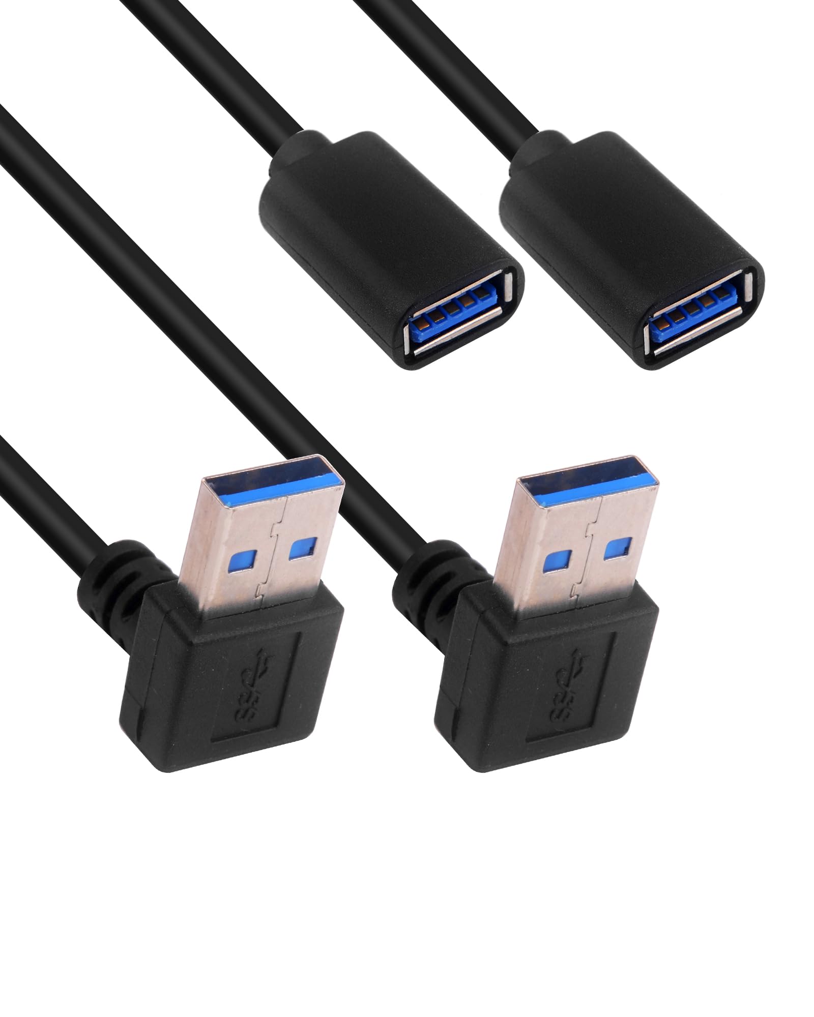 USB Extension Cable Down Angle, USB A Male to A Female USB 3.0 Extension Cord Data Transfer Extender Cable with Gold-Plated Contacts for USB Flash Drive/Hard Drive (Down, Black, 30cm, 2 Pack)