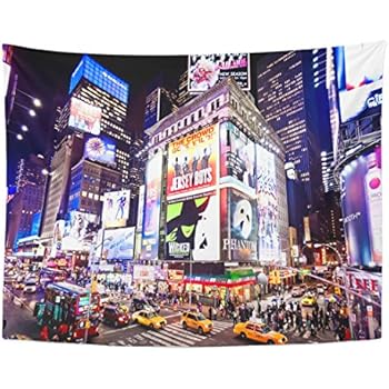 Emvency Tapestry City New York January 6 Illuminated Facades of Broadway Theaters on 2011 in Times NYC Night Street Home Decor Wall Hanging for Living Room Bedroom Dorm 60x80 Inches