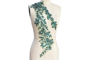 PLune Handmade Shining Acrylic Rhinestones on lace Applique Sewing Beads Stones Trim Patches Accessories for Wedding Dress (Deepgreen Right)