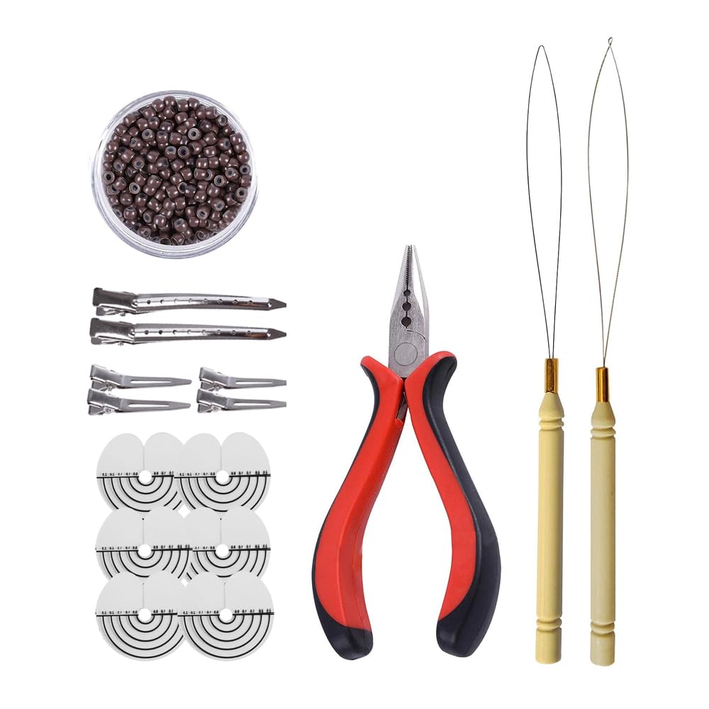 Hair Extensions Tools Kit: 3 holes Hair Pliers, Pulling Needle Loop Threader and 500 Pieces 3.0mm Silicone Lined Nano Beads Rings (Brown)