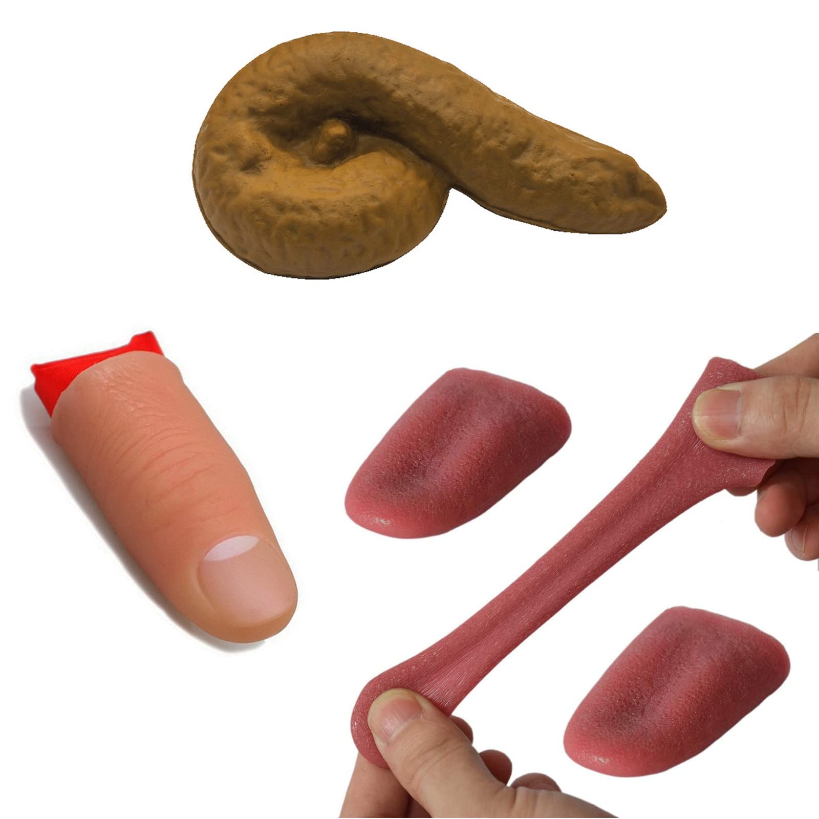 Prank Toy Set Include Realistic Fake Tongue Magic Trick Fake Fingers with Red Silk and Prank Fake Poop Novelty Funny Joke Tricky Toys Set (3pcs, Finger+Tongue+Poop)