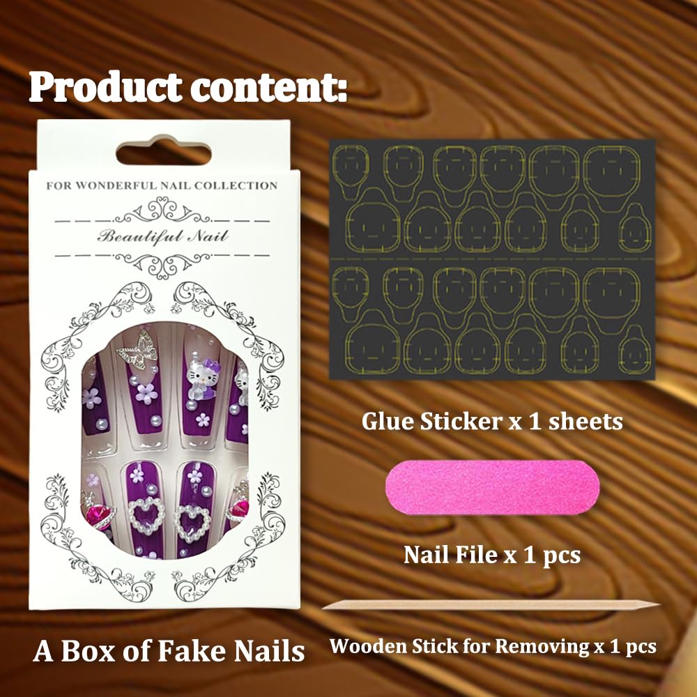 24Pcs Purple Coffin Nails Press on Nails 3D Flowers Pearl Butterfly Nail Charms Design Fake Nails with Glue Purple Acrylic Nails Supply 3D Flowers Full Cover False Nails for Women and Girls - Image 2