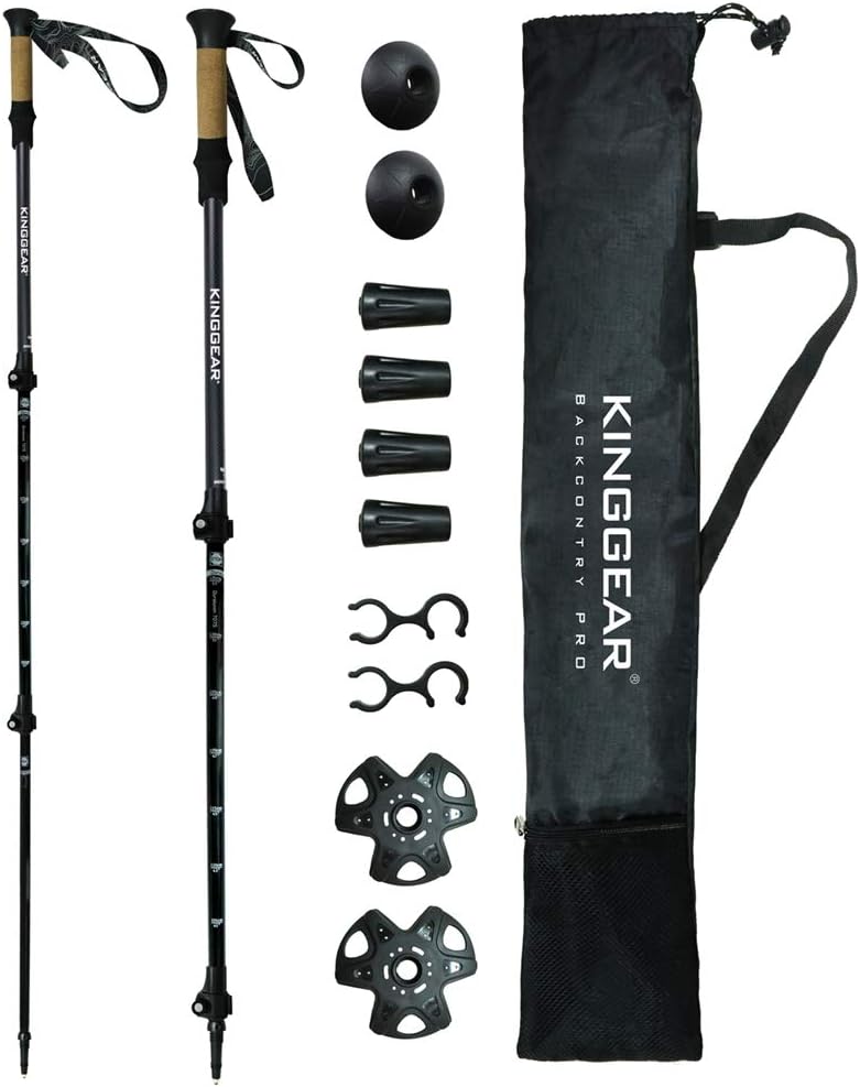KINGGEAR Trekking Poles, Collapsible Adjustable Walking Sticks, Lightweight 7075 Aluminum, Quick Flip Lock, Anti-Sweat Cork, Tungsten Tips for Hiking, Nordic Walking and Cross Trekking(Black) : Sports & Outdoors