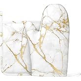 Oven Mitts and Pot Holders Sets White Gold Kitchen Accessories Marble Silicone Non-Slip Heat Resistant Gloves for Kitchen,Cooking,Baking,BBQ (White Gold)