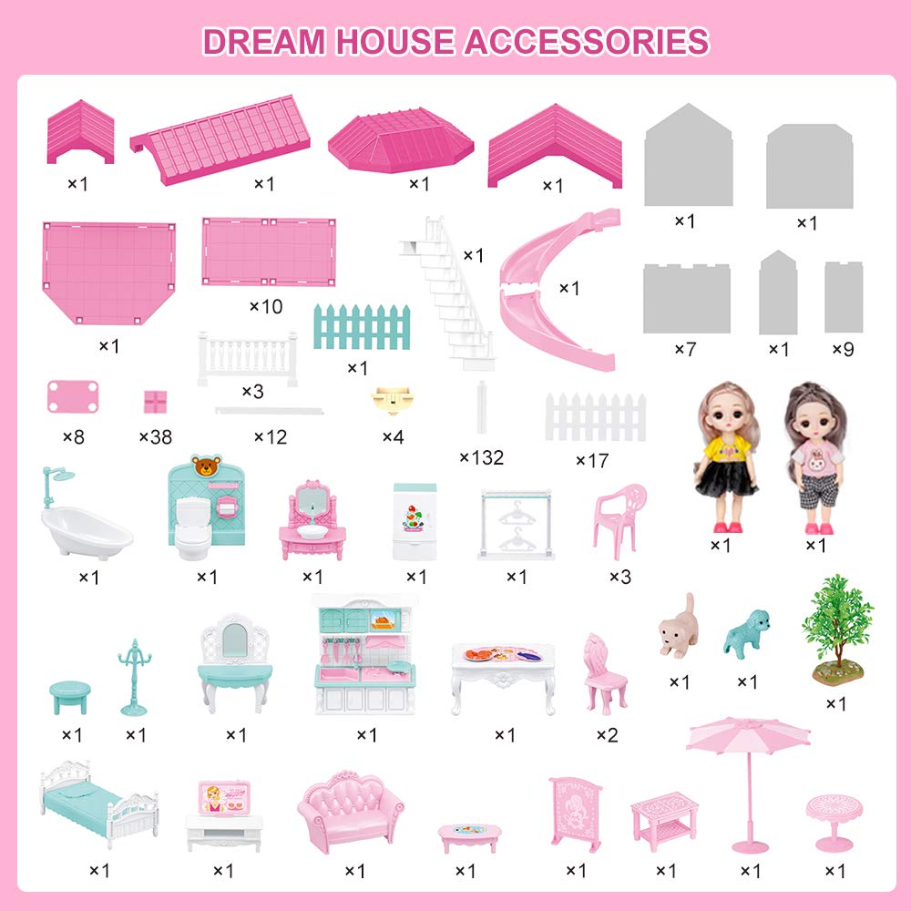 Dream House Doll House Kit, DollHouse with Lights, Slide, Pets and Dolls, DIY Pretend Play Building Playset Toys with Asseccories and Furniture, Princess House for Toddlers, Kids Boy & Girl (11 Rooms)